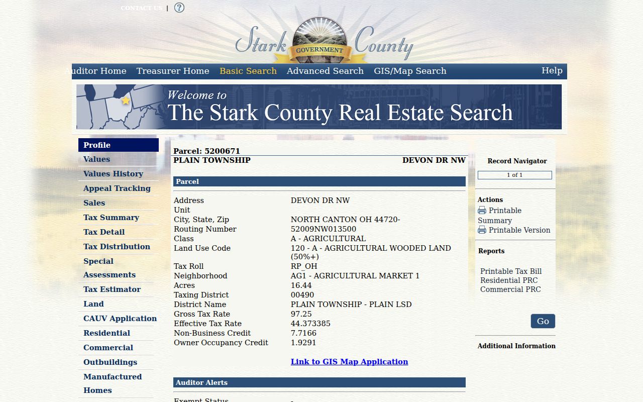 Plain Township street directory parcel profile sample